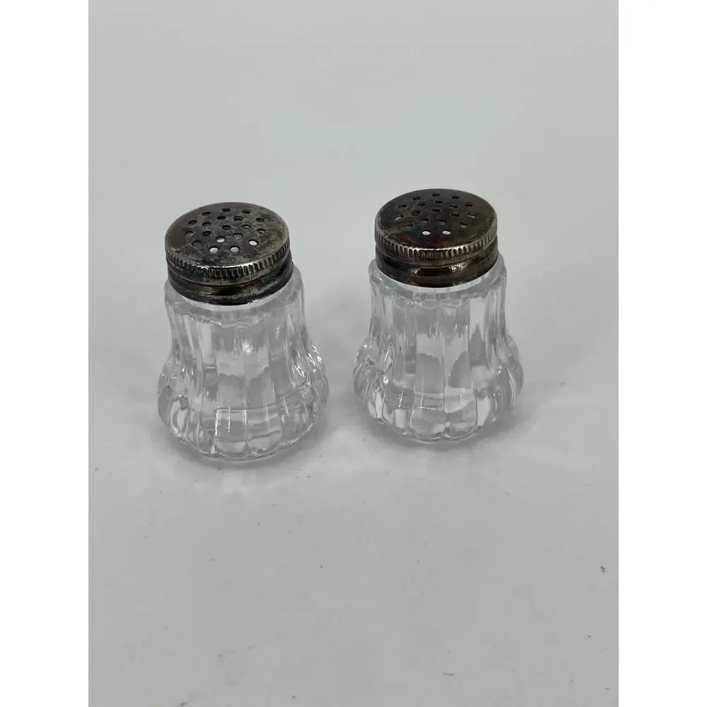 Vintage Salt & Pepper Shaker Set Glass Shakers w/ Ornate Metal Tray